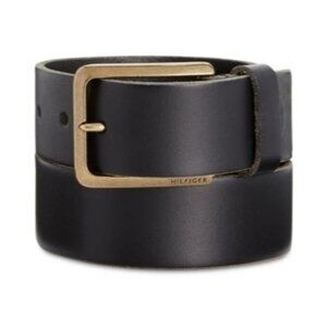 Tommy Hilfiger Men's Heavy Brass Buckle Leather Belt - Black